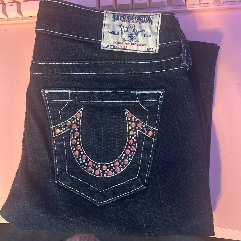True Religion Blue Jeans with Rhinestone Horseshoe Design
